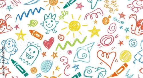 Crayon drawn kid doodles seamless pattern. Funky chalk kid drawings.
