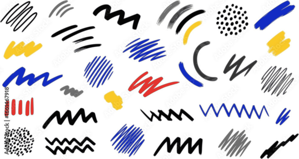 Fototapeta premium Intricate geometric brush strokes collection. Abstract geometric bold lines and dots. Hand drawn bold grunge shapes, curved and zigzag lines. Naive sketchy marker strokes for collages, banners