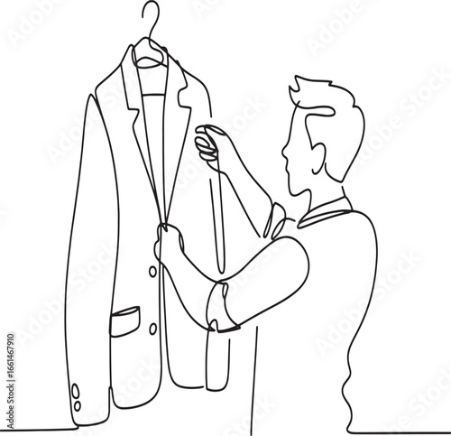 Minimalist Line Art of a Man Adjusting a Suit Jacket on a Hanger Depicting Tailoring and Style