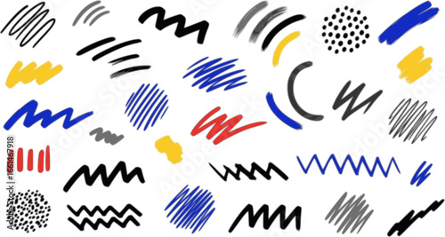 Intricate geometric brush strokes collection. Abstract geometric bold lines and dots. Hand drawn bold grunge shapes, curved and zigzag lines. Naive sketchy marker strokes for collages, banners