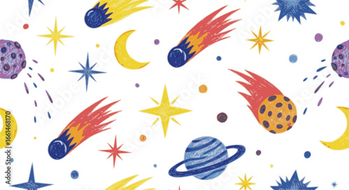 Hand drawn cosmic and starry seamless pattern. Crayon drawn stars, comets and planets.
