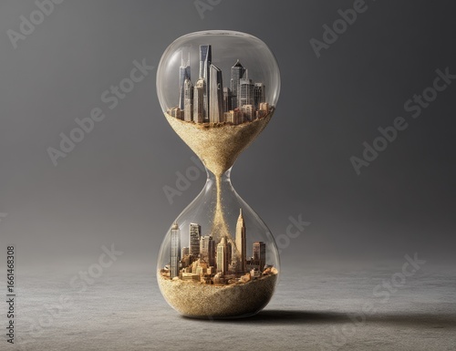 A city encased in a glass hourglass, time passing.  Sand flows, signifying the passage of time.  Urban cityscape within a transparent hourglass