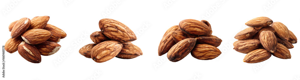 Four piles of whole almonds, showcasing their textured brown skin and light beige interior, isolated on a black background for diverse design applications, PNG set Transparent background Four piles of whole almonds, showcasing their textured brown skin and light beige interior, isolated on a black background for diverse design applications, PNG set Transparent background