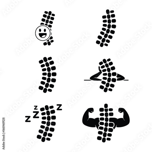 Black and white vector cartoon emoji spine icons showing happy, sad, angry, relaxed, sleeping, and strong muscular spine expressions