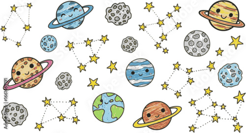Funky crayon drawn planets, asteroids, stars and constellations. Doodle outer space childish icons set. Crayon drawings of night sky or galaxy symbols. Childish cosmic illustration. Pencil texture
