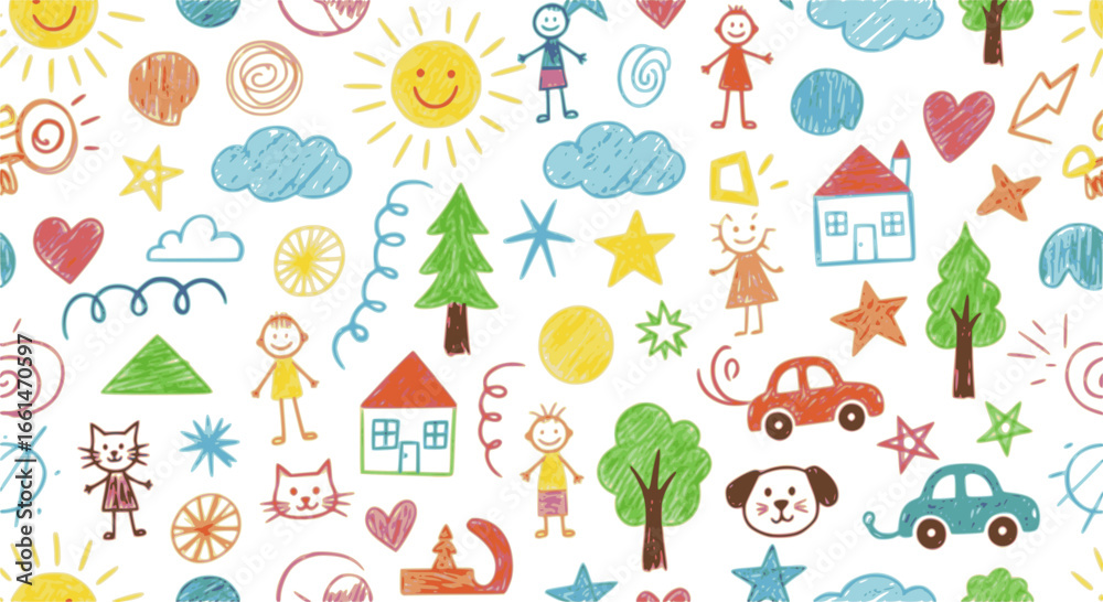 Fototapeta premium Crayon drawn kid doodles seamless pattern. Funky chalk kid drawings. 
