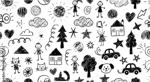 Crayon drawn kid doodles seamless pattern. Funky chalk kid drawings.
