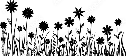 Funky childish crayon drawn flowers, meadow plants and stems.
