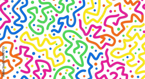 Funky geometric maze colorful seamless pattern. Bold brush drawn curved and zigzag lines with dots.
