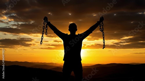 A silhouetted man with arms raised, holding broken chains against a dramatic sunset, symbolizing freedom, victory, and liberation.
