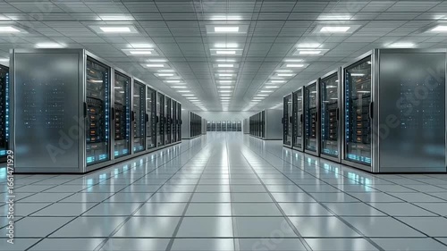 Image depicts a vast, modern data center interior with a symmetrical layout.