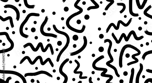 Funky geometric maze colorful seamless pattern. Bold brush drawn curved and zigzag lines with dots.
