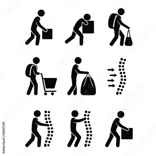 Black and white vector icons pack of lifting objects with correct and incorrect box lifting, heavy backpack posture, pushing cart, pulling bag, and spine curve