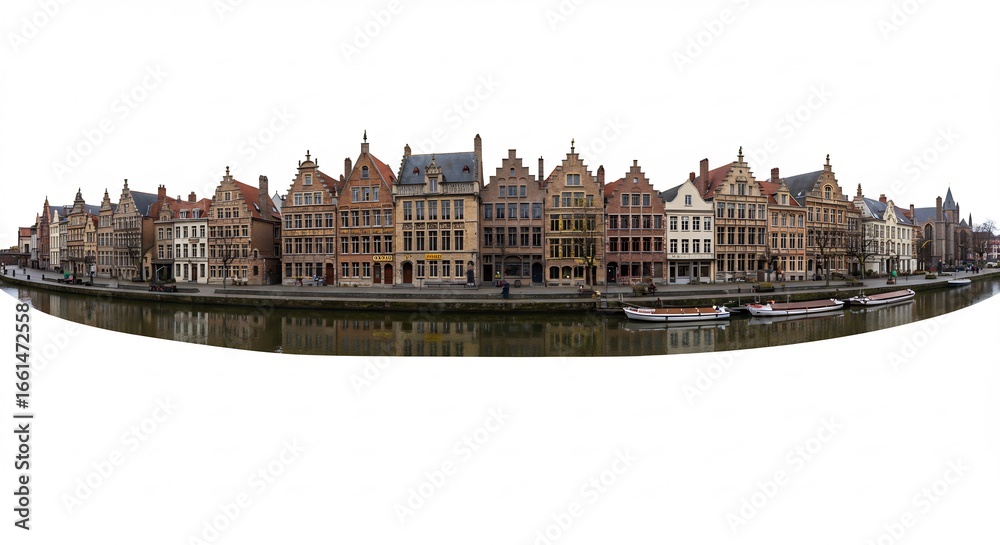 Fototapeta premium Maisons canal vieilles ville panorama lumiere douce matinale. AI Generated
