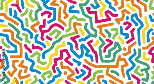 Funky geometric maze colorful seamless pattern. Bold brush drawn curved and zigzag lines with dots.
