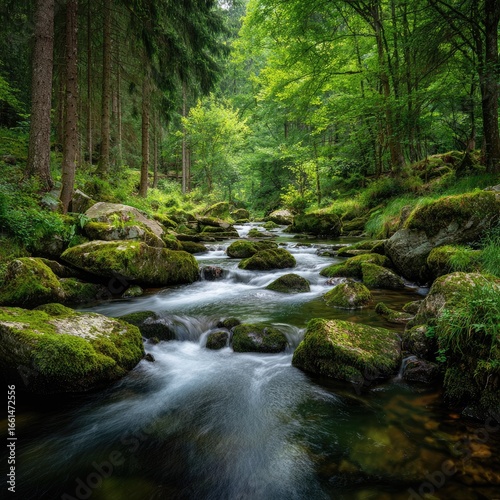 A tranquil stream meanders through a lush green forest.  Rocks covered in moss line the banks.  Flowing water creates a soft blur, emphasizing the serene atmosphere