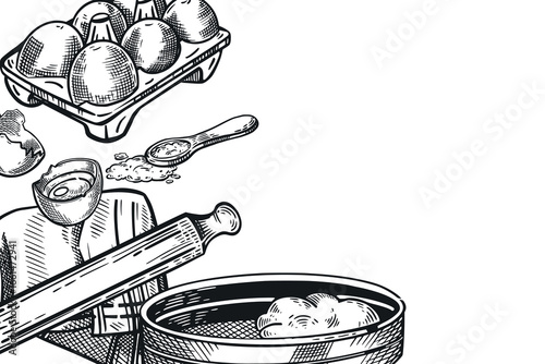 Cooking, baking, dough. A sieve with flour, a rolling pin, a towel, a chicken egg, a cell with eggs, a spoon with sugar. Illustration is suitable for designing recipes, printing on fabric, paper.