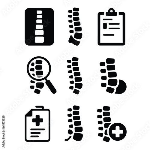 Black and white vector icons pack of spine diagnostic showing x-ray, MRI, doctor clipboard, vertebra magnifier, report, and medical cross