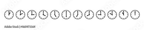 Various clock designs showing different times in a row  