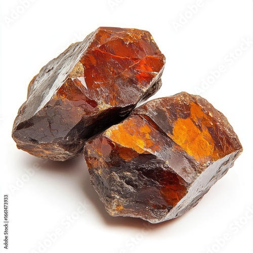 Two rough, amber-colored crystals against white