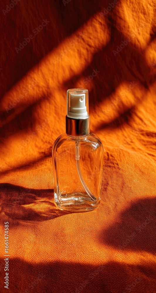 Naklejka premium Clear glass spray bottle on warm orange fabric