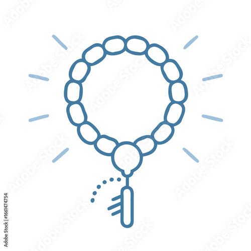 Line art of traditional mala prayer beads, used for mantra repetition, meditation focus, and spiritual rituals.
