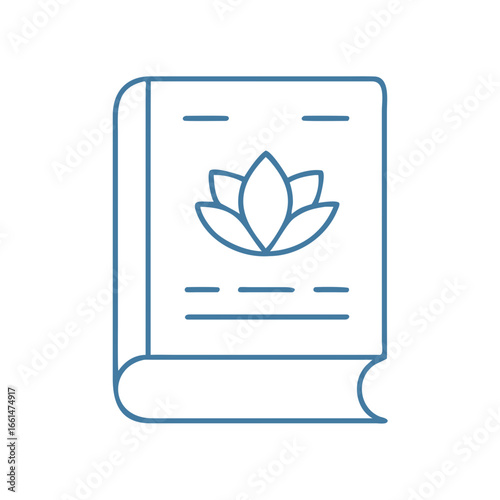 Minimal icon of book with lotus on cover, symbolizing yoga learning, spiritual growth, and meditative knowledge.
