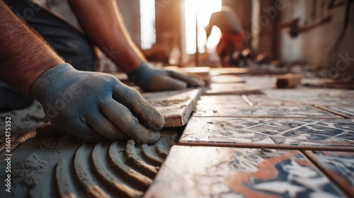 Close-up of construction worker laying decorative ceramic tiles with adhesive during flooring installation