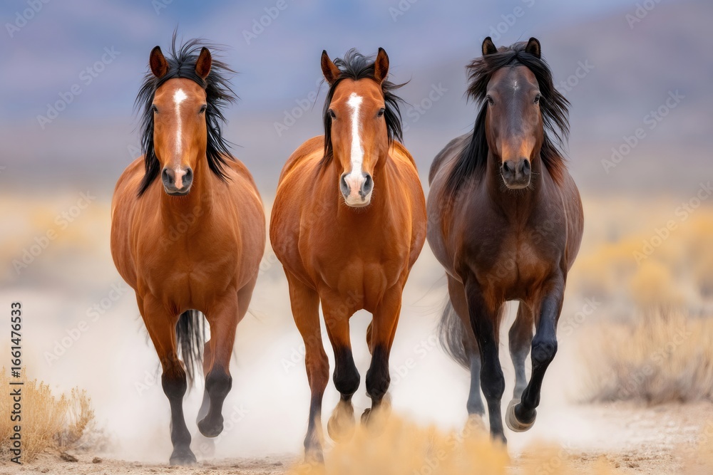 Obraz premium Three wild horses running towards observer in dusty desert landscape