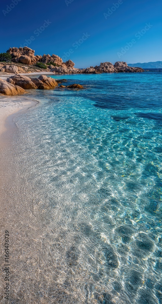 Fototapeta premium Crystal-clear turquoise water laps a light beige shore, with large rocks along the edge. Sunny, clear blue sky above