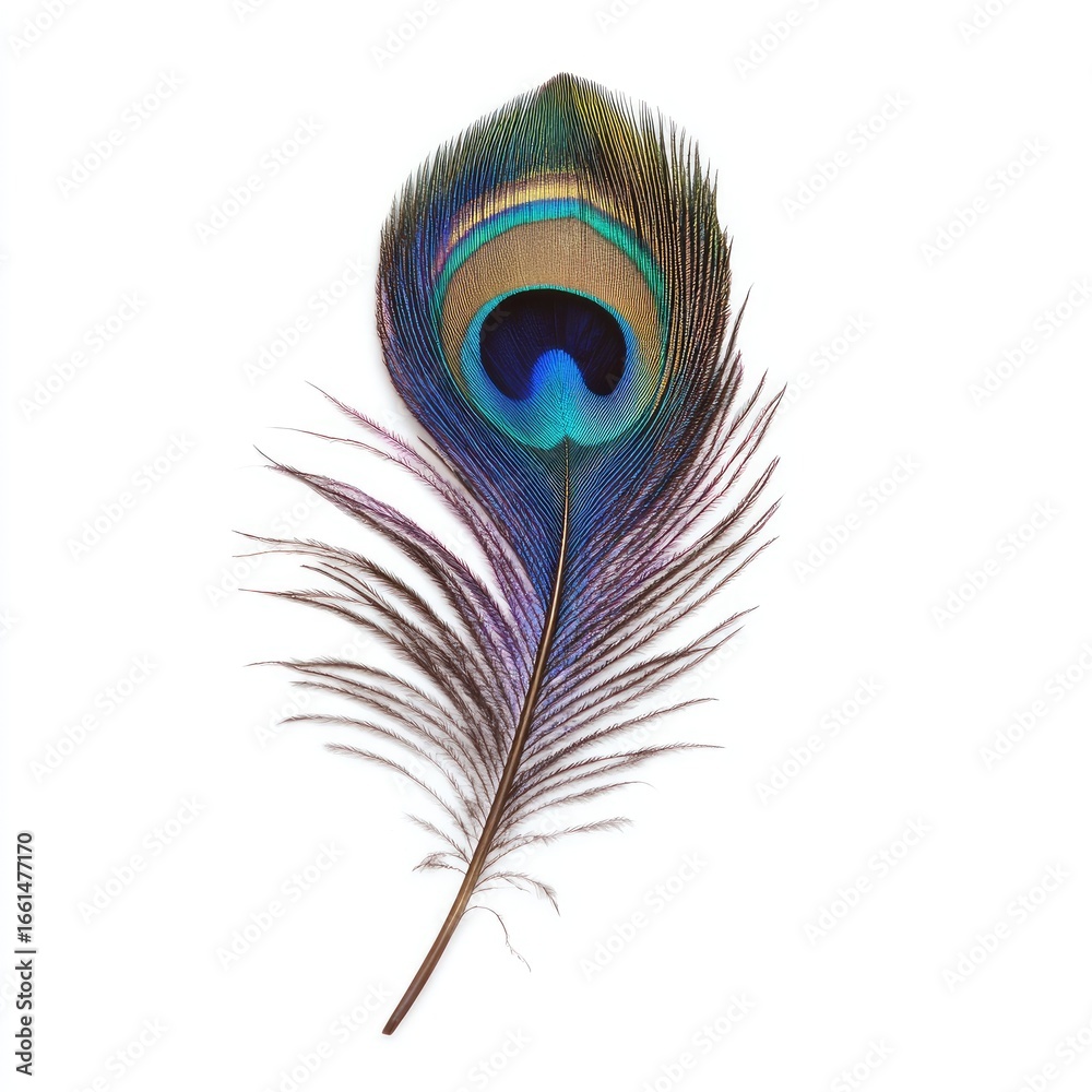 Obraz premium Vibrant peacock feather against white