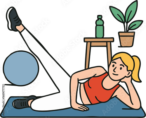 Vector illustration of a woman doing side leg raise on a mat at home, promoting strength, flexibility, endurance, balance, body toning, and healthy active lifestyle.