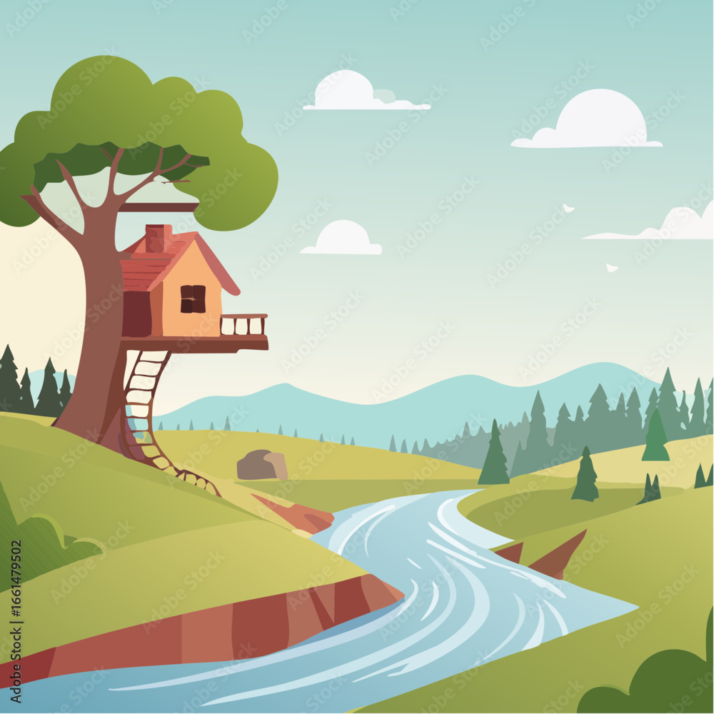 Fototapeta premium The image shows a tree house perched atop a cliff overlooking a river. The tree house is surrounded by lush green grass, trees, and hills, and the sky is filled with white, fluffy clouds.