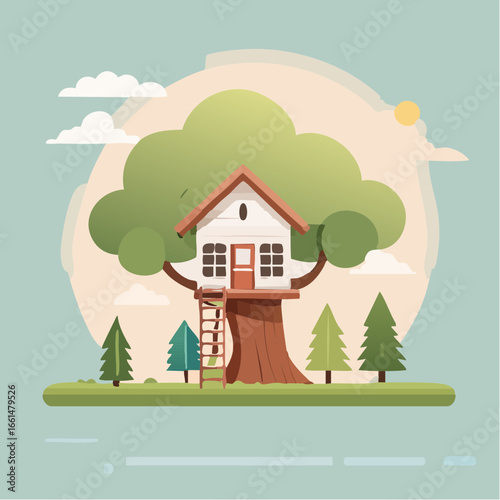 The image shows a tree house with a ladder in the middle of it, surrounded by lush green grass and trees, with a bright blue sky and fluffy white clouds in the background.