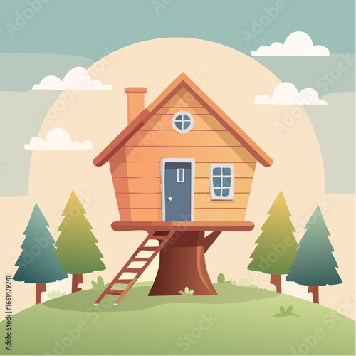 The image shows a cartoon tree house perched atop a hill, surrounded by lush green grass and tall trees. The sky is filled with white, fluffy clouds, creating a peaceful atmosphere.