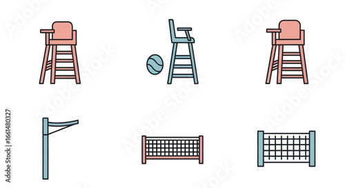 Collection of tennis court equipment illustrations, including umpire chairs, nets, and a ball, in a flat design style.