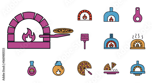 A collection of colorful flat design icons depicting various pizza ovens, pizza slices, and cooking tools.