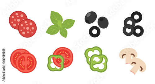 Pizza toppings: pepperoni, basil, olives, tomato, pepper, and mushroom ingredients.