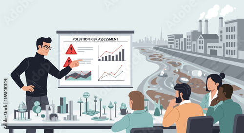 Illustrative presentation on pollution risk assessment with polluted river backdrop