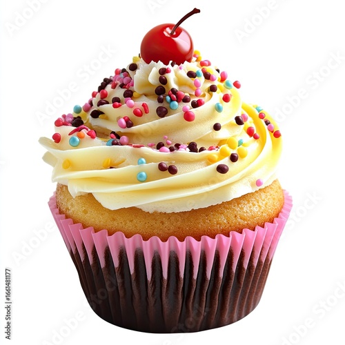 Sweet cupcake topped with whipped cream, sprinkles, and a cherry