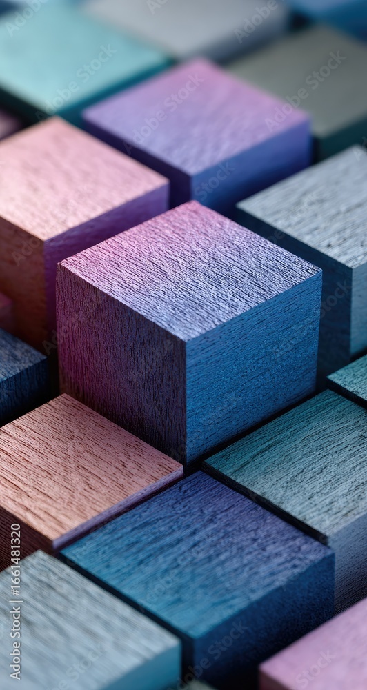 Fototapeta premium Close-up view of multicolored wooden cubes arranged in a grid pattern. Shades of pastel blues, pinks, and purples. Textured wood grain visible on each cube. Geometric design