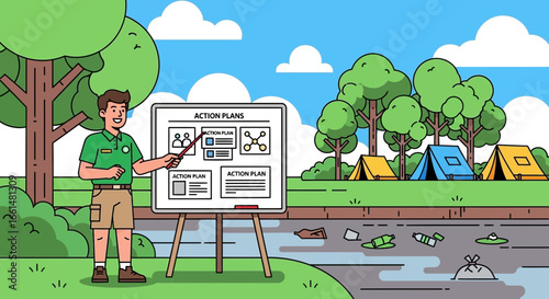 Man Presenting Action Plans to Clean Up Polluted Nature Campground Environment