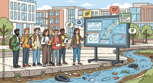 Environmental science students learn about pollution affecting the waterways system