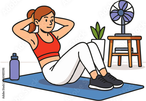 Vector illustration of a woman performing sit up exercise on a mat at home, promoting core strength, flat abs, endurance, healthy lifestyle, and indoor fitness activity.