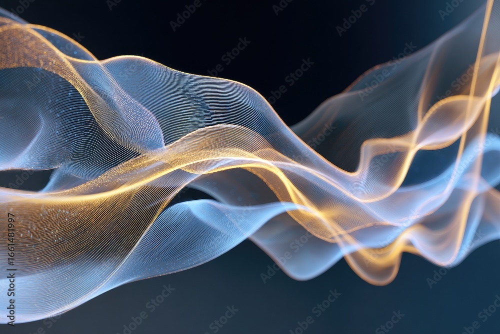 Fototapeta premium Abstract flowing ribbons of light, gold and blue, against a dark backdrop