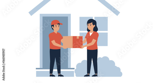 Friendly delivery: man handing box to woman in front of stylized house