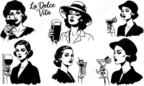 Set of sketched silhouettes La dolce vita italian sicily Amalfi style. woman Hand hold wine, beer, cocktail or champagne drawings. Sketch style bar or party Illustrations for wedding invitations, cafe