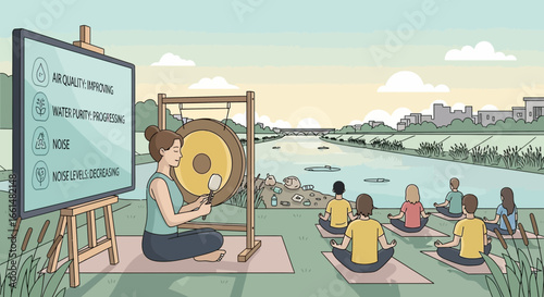 Meditation session by the river promoting environmental improvements through gong healing