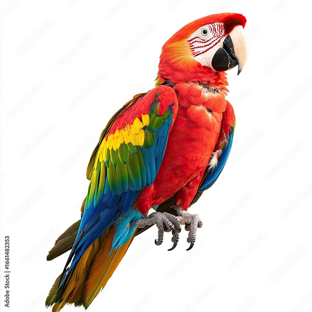 Obraz premium Vibrant parrot, profile view, vivid colors against white background