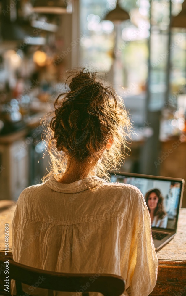 Obraz premium Woman working from home having video conference call on laptop